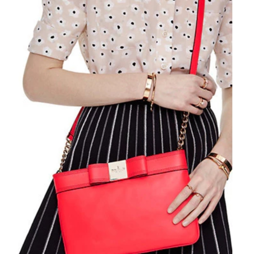 New Kate Spade Arica Primrose Hill Geranium Red Leather Bow Crossbody Clutch Bag